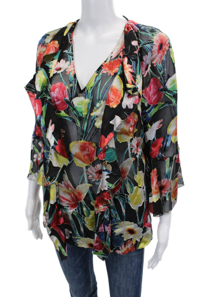 Elie Tahari Womens Floral Print Sheer Ruffle Detail Blouse Multicolor Size M