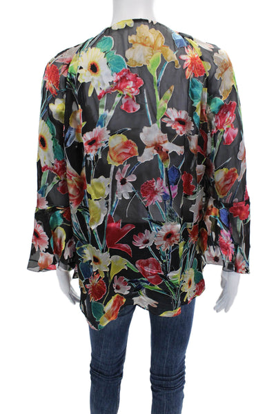 Elie Tahari Womens Floral Print Sheer Ruffle Detail Blouse Multicolor Size M