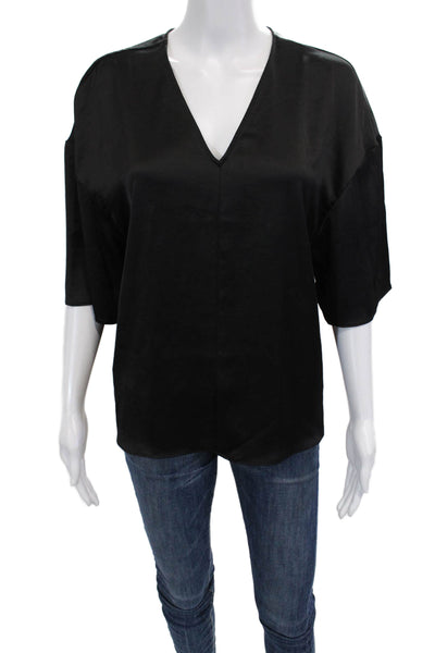 Nordstrom Womens Shiny V-Neck Short Sleeve Pullover Blouse Black Size M