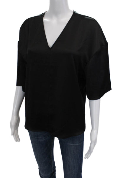 Nordstrom Womens Shiny V-Neck Short Sleeve Pullover Blouse Black Size M