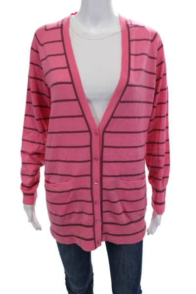 J Crew Womens Merino Wool Striped Print Button Up Cardigan Sweater Pink Size M
