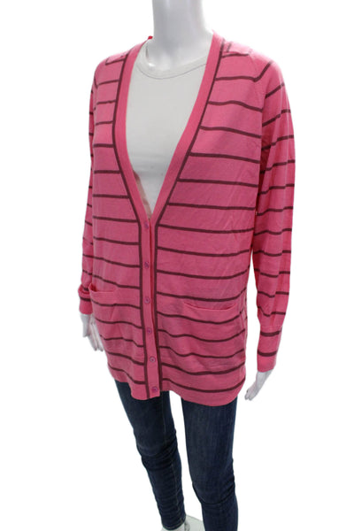 J Crew Womens Merino Wool Striped Print Button Up Cardigan Sweater Pink Size M