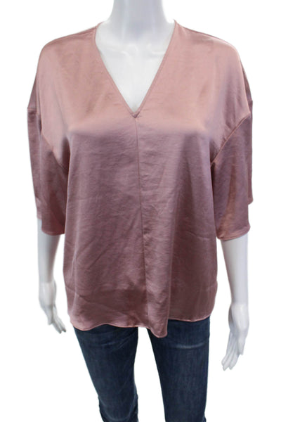 Nordstrom Womens Shiny V-Neck Short Sleeve Blouse Pink Zephyr Size M