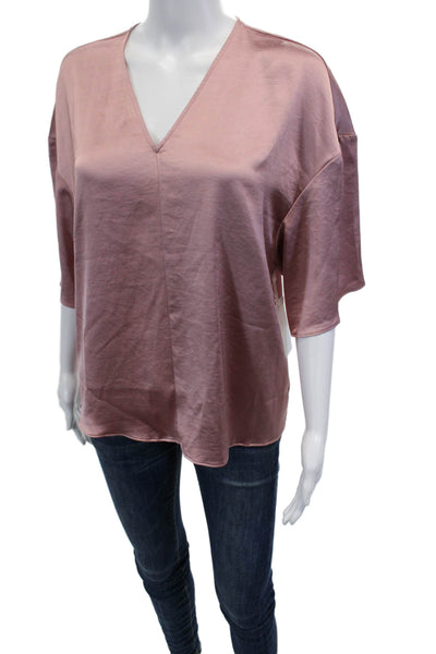 Nordstrom Womens Shiny V-Neck Short Sleeve Blouse Pink Zephyr Size M