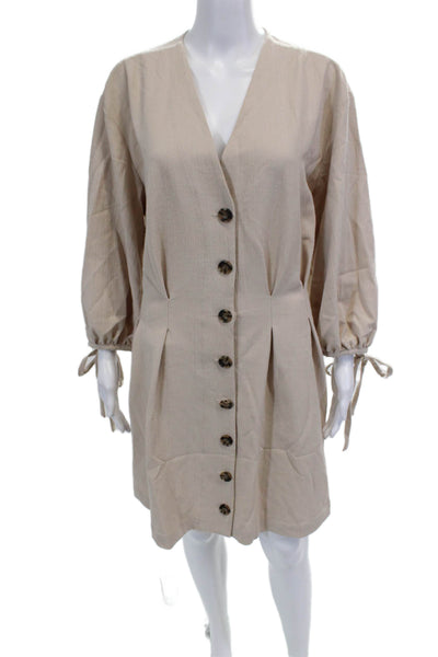 L Academie Womens Button Front Long Sleeve V Neck Shift Dress Beige Size XL