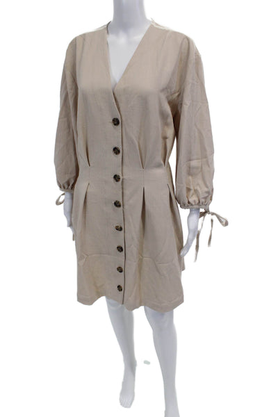 L Academie Womens Button Front Long Sleeve V Neck Shift Dress Beige Size XL