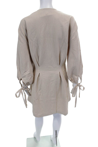 L Academie Womens Button Front Long Sleeve V Neck Shift Dress Beige Size XL