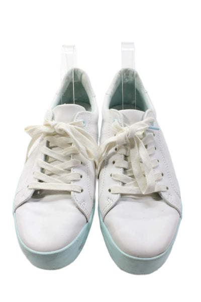 Bershka Womens Lace Up Round Toe Low Top Sneakers White Blue Leather Size 41