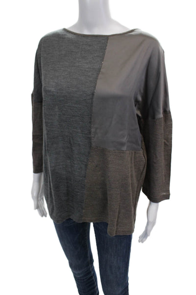 Fabiana Filippi Womens Round Neck Paneled Detail Long Sleeve Blouse Gray Size XL