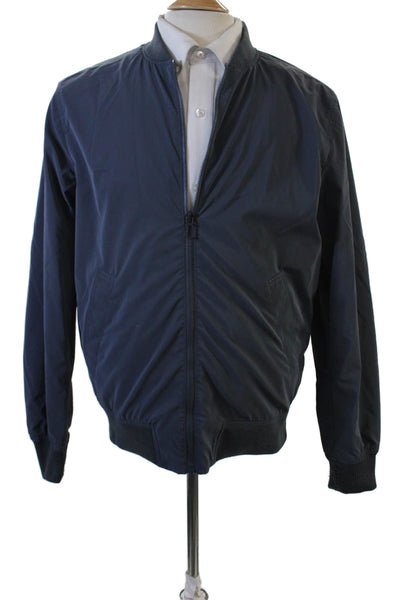 Zara Mens Solid Full Zip Ribbed Trim Bomber Jacket Blue Size M