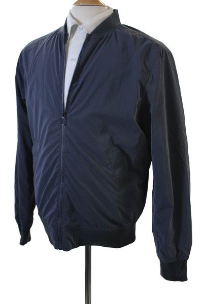 Zara Mens Solid Full Zip Ribbed Trim Bomber Jacket Blue Size M