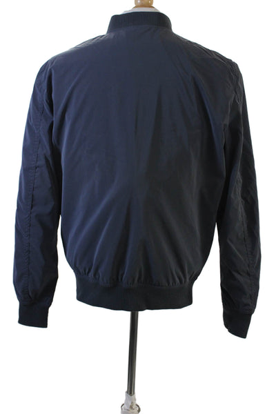 Zara Mens Solid Full Zip Ribbed Trim Bomber Jacket Blue Size M