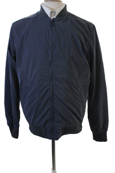 Zara Mens Solid Full Zip Ribbed Trim Bomber Jacket Blue Size M