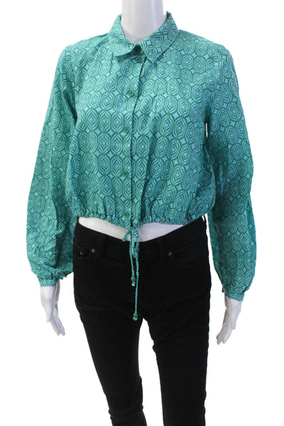 Zara Womens Long Sleeve Button Front Abstract Cropped Shirt Blue Green Medium