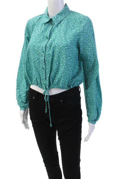 Zara Womens Long Sleeve Button Front Abstract Cropped Shirt Blue Green Medium