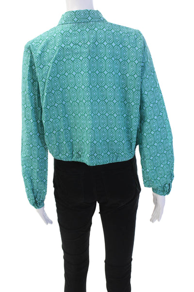 Zara Womens Long Sleeve Button Front Abstract Cropped Shirt Blue Green Medium