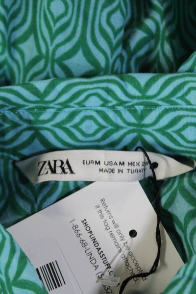 Zara Womens Long Sleeve Button Front Abstract Cropped Shirt Blue Green Medium