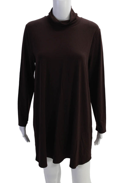 Eileen Fisher Womens Linen Turtleneck Long Sleeve Mini Dress Brown Size L