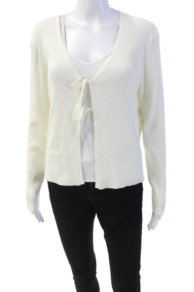 Aqua Womens Ribbed Long Sleeve Open Tie Front Cardigan Sweater Cream Size M
