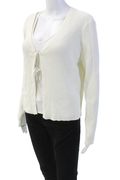 Aqua Womens Ribbed Long Sleeve Open Tie Front Cardigan Sweater Cream Size M