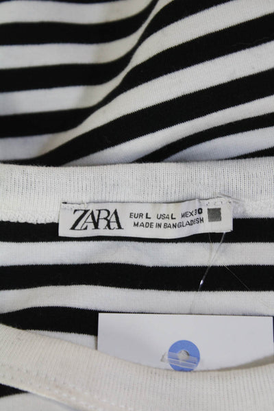 Zara Womens Cotton Striped Print Short Sleeve T-Shirt Black White Size L