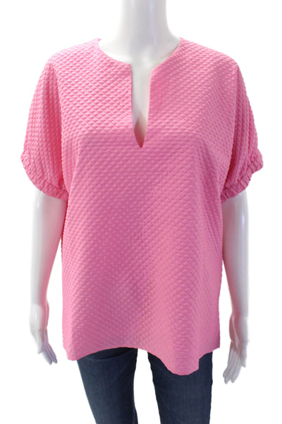 Caryn Lawn Womens Short Sleeve V Neck Quilted Boxy Blouse Pink One Size