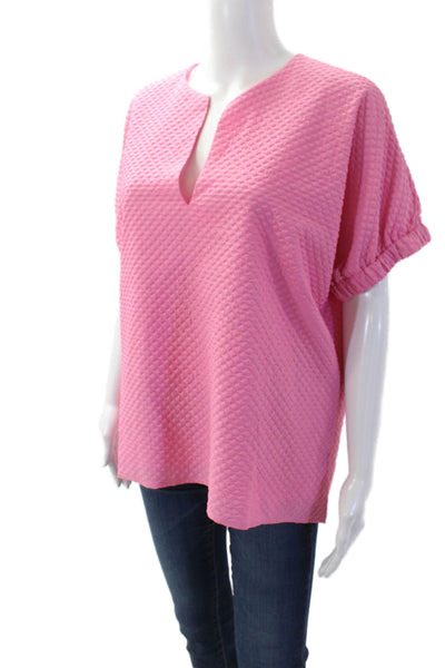 Caryn Lawn Womens Short Sleeve V Neck Quilted Boxy Blouse Pink One Size
