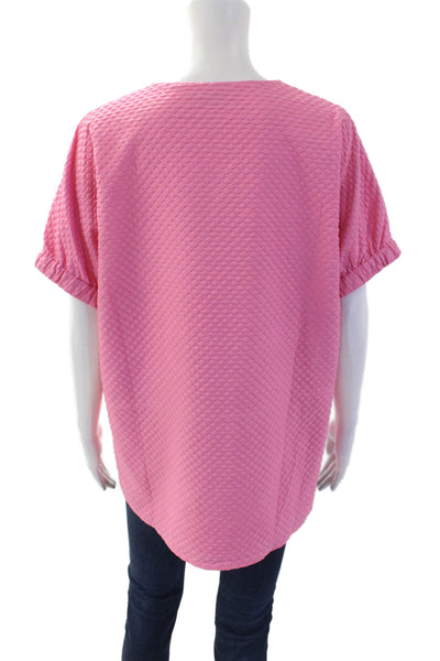 Caryn Lawn Womens Short Sleeve V Neck Quilted Boxy Blouse Pink One Size