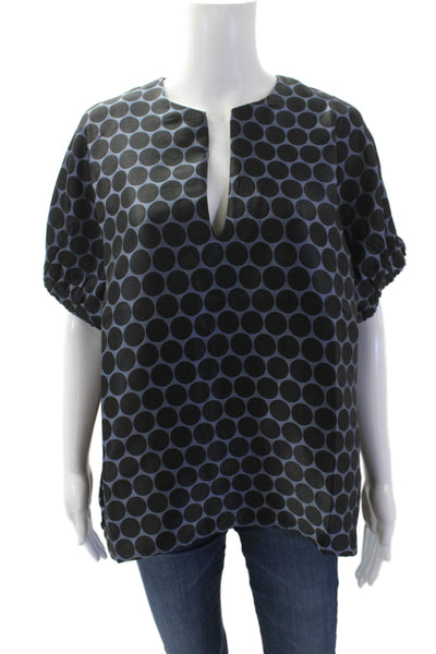 Caryn Lawn Womens Short Sleeve V Neck Circle Print Top Blue Black OS