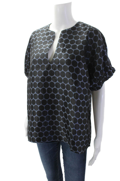 Caryn Lawn Womens Short Sleeve V Neck Circle Print Top Blue Black OS