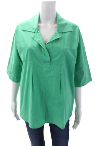 Finley Womens Short Sleeve Collared V Neck Boxy Blouse Green Cotton Size Large