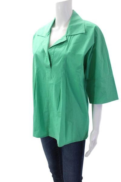 Finley Womens Short Sleeve Collared V Neck Boxy Blouse Green Cotton Size Large