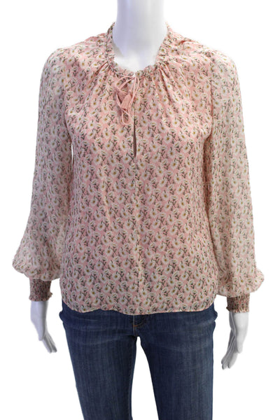 Intermix Womens Floral Print V-Neck Tasseled Peasant Sleeve Blouse Pink Size M