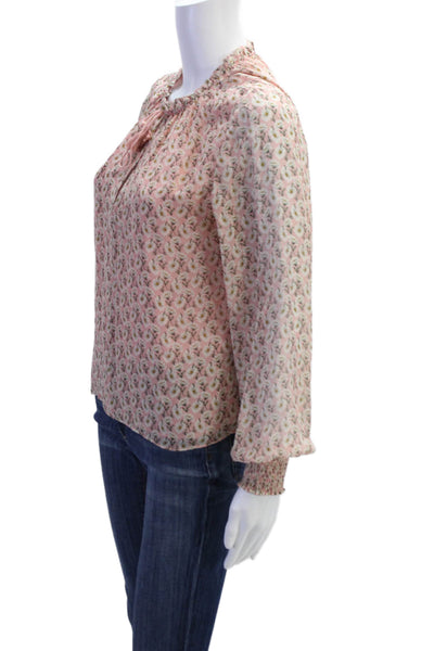 Intermix Womens Floral Print V-Neck Tasseled Peasant Sleeve Blouse Pink Size M