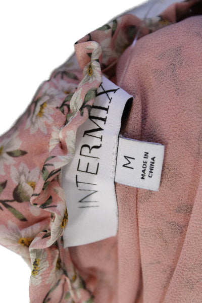 Intermix Womens Floral Print V-Neck Tasseled Peasant Sleeve Blouse Pink Size M