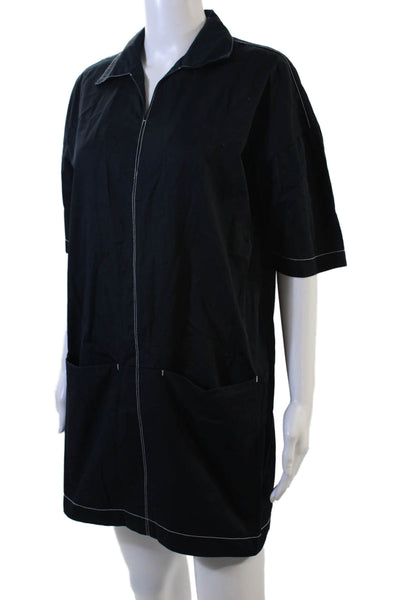 Zara Womens Cotton Short Sleeve V Neck Collared Shift Dress Blue Size S