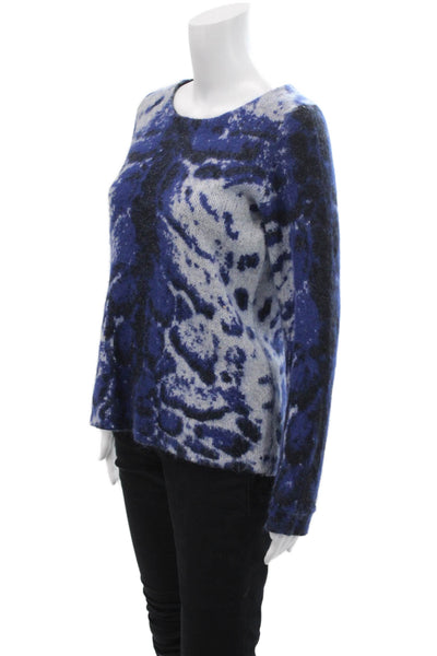 Maje Womens Fuzzy Printed Crew Neck Long Sleeve Sweater Top Blue Size 1