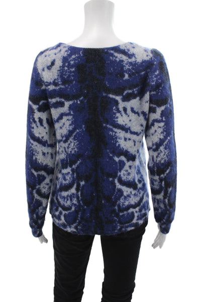 Maje Womens Fuzzy Printed Crew Neck Long Sleeve Sweater Top Blue Size 1