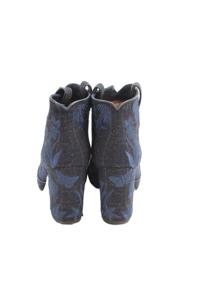 Laurence Dacade Womens Floral Embroidered Block Heels Ankle Boots Size Blue Sz 7