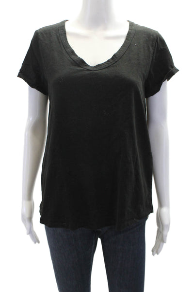 Eileen Fisher Womens Cotton V-Neck Short Sleeve Casual Top Black Size S