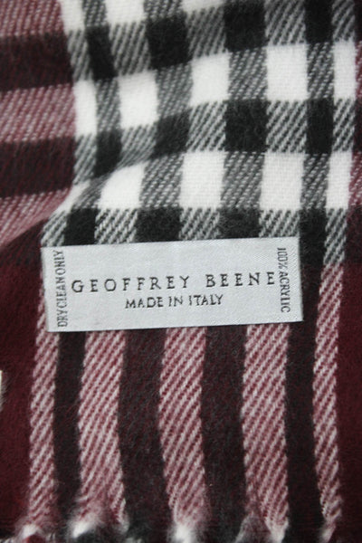 Geoffrey Beene Mens Plaid Fringe Trim Scarf Burgundy Red White