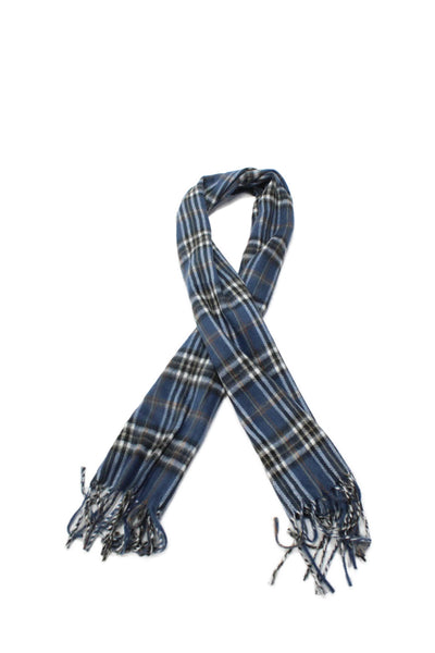 Geoffrey Beene Mens Plaid Fringe Trim Scarf Blue Black
