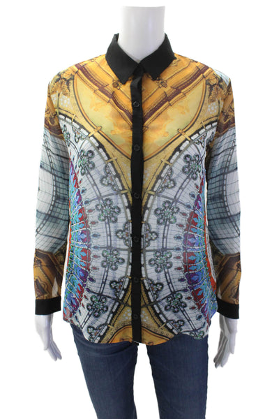 Clover Canyon Womens Sheer Graphic Print Button Down Shirt Multicolor Size M