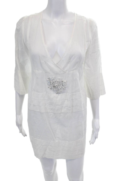 Antik Batik Womens Beaded V Neck Long Sleeves Dress White Size Extra Small
