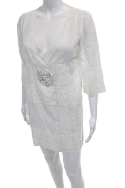 Antik Batik Womens Beaded V Neck Long Sleeves Dress White Size Extra Small