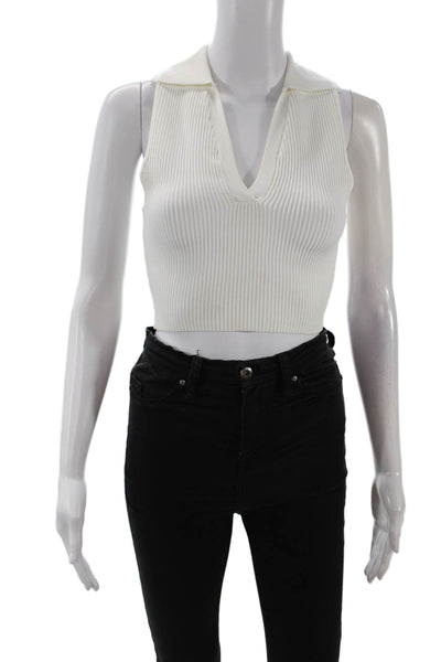 Quince Womens Cropped Sleeveless V Neck Collared Top White Size XS
