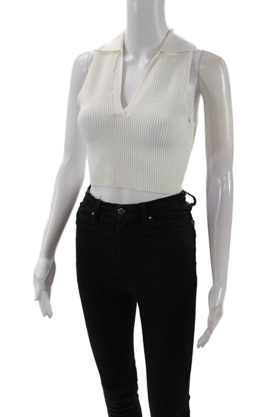 Quince Womens Cropped Sleeveless V Neck Collared Top White Size XS