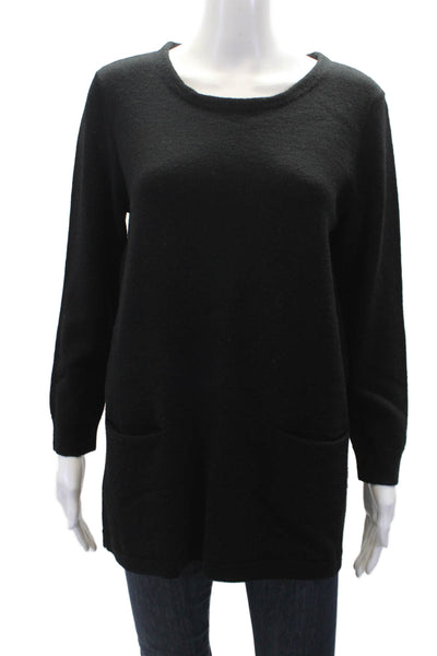 J Crew Womens Wool Crew Neck Front Pockets 3/4 Sleeve Sweater Top Black Size M
