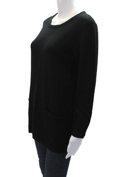 J Crew Womens Wool Crew Neck Front Pockets 3/4 Sleeve Sweater Top Black Size M