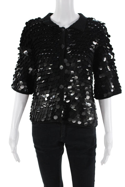 Eleven Six Womens Cotton Sequin Button Up Knit Top Black Size XS/S